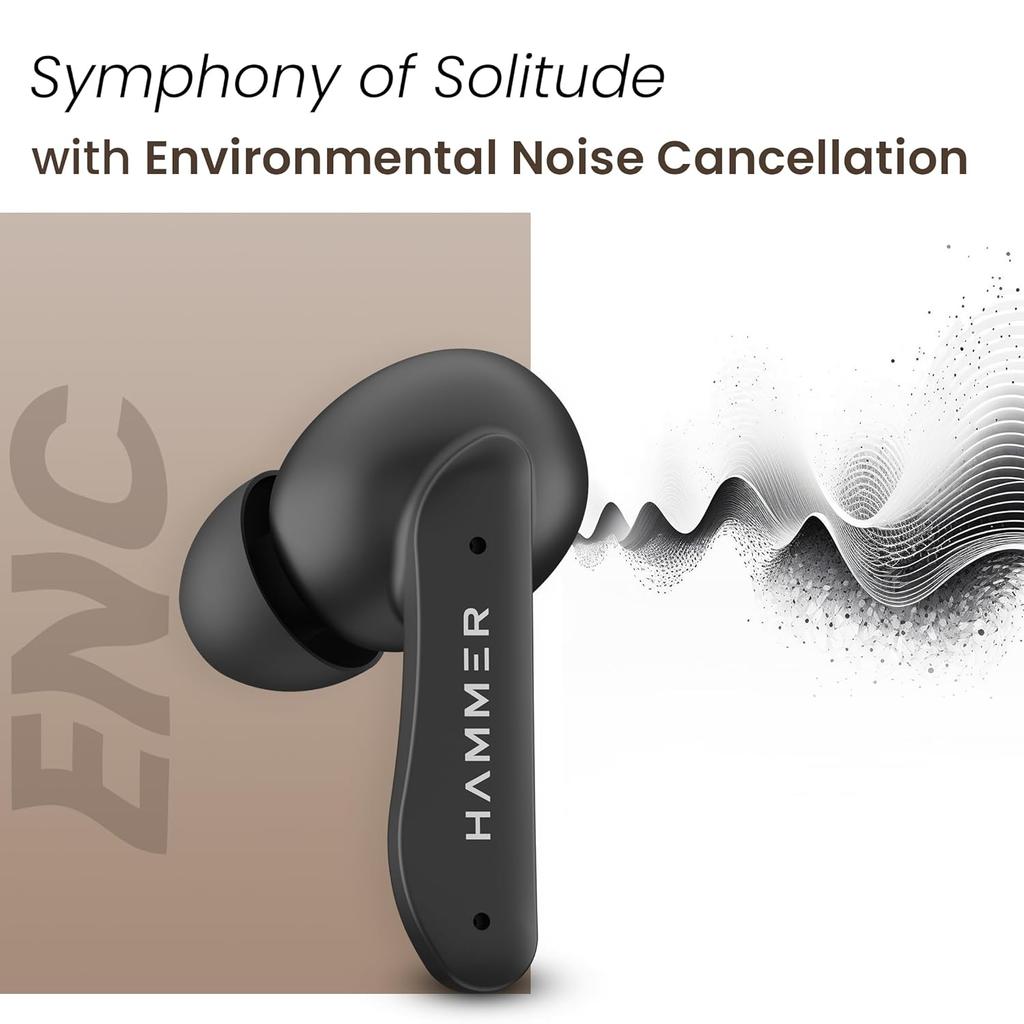 Hammer Solitude Bluetooth Earbuds with Upto 22H Playtime, Enc, Fast Charging Type-C, Ipx4 Water Resistant, Bluetooth V5.3 (Truffle Black)