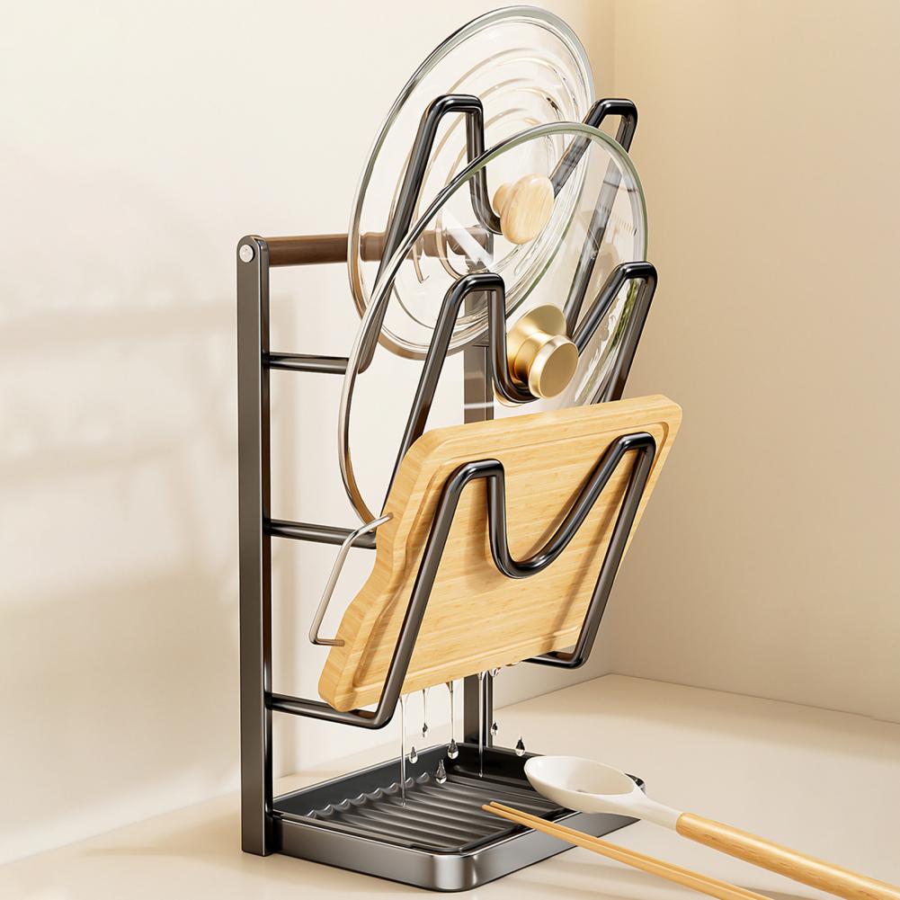 Подставка для хранения крышек кухонных кастрюль, держатель для крышек кастрюль из углеродистой стали во время приготовления, подставка для крышек кастрюль с подставкой для ложки, съемный поддон для сбора капель