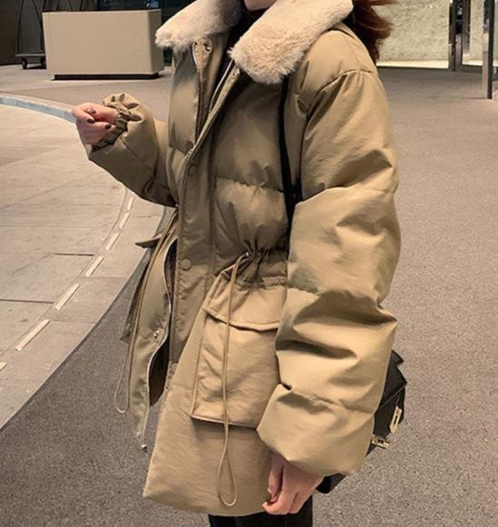 Winter new fashion design sense niche versatile drawstring waist thin thickened warm cotton jacket