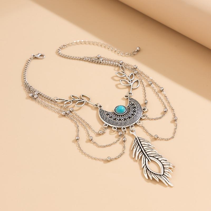 Vintage Feather Leaf Tassel Metal Chain Armbands Bracelet for Women Girls Bohemia Punk Arm Bangle Jewelry