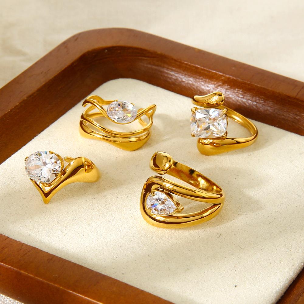 European and American stainless steel electroplating 18K gold irregular lines zircon ring personality exaggerated jewelry jewelry women