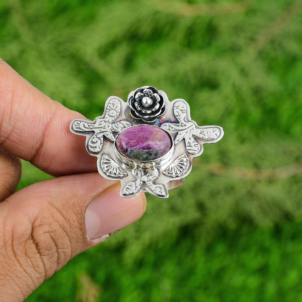 Natural Ruby Zoisite 925 Silver Stackable Flower Adjustable Ring For Girls