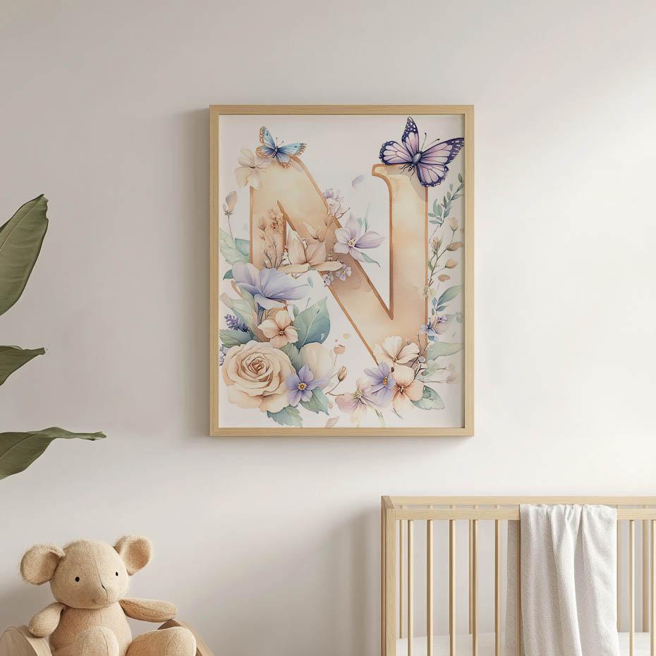 N - Kwiatowy Plakat Dla Dzieci N - Kwiatowy Plakat Dla Dzieci, 30X40 Cm, Rama Drewniana Jasny Dąb, Papier Matowy 230 Gsm