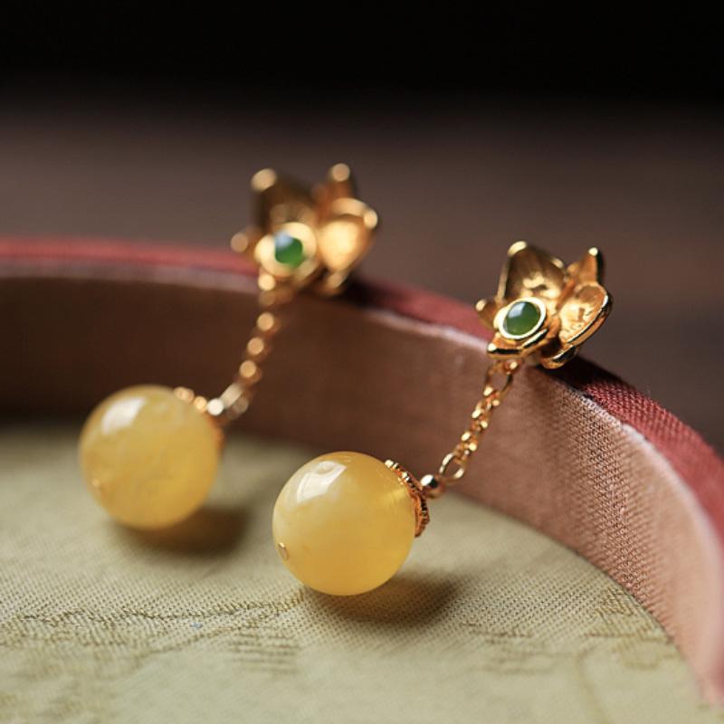 Серьги-цветы из древнего золота для женщин, классические с натуральным топазом, халцедоном, в китайском стиле, высокие круглые длинные серьги-гвоздики, ювелирные изделия