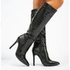 Мода Мода Черные Длинные Сапоги с Рисунком Личи Молния Высокий Каблук Сапоги Острый Носок Большой Размер 42 Женские Сапоги для Личности