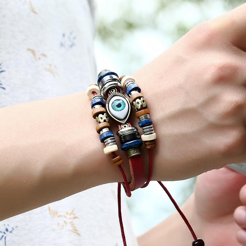 Kirykle Boho Gypsy Hippie Design Leather Rope Eye Bracelet Multilayer Leather Bisplatter Unisex Adjustable Jewelry
