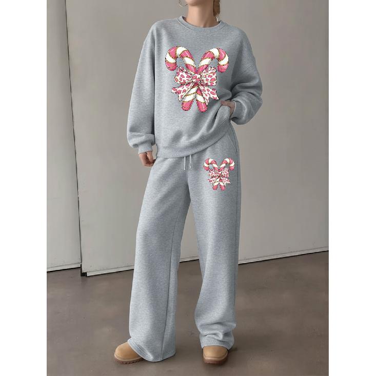 Women's Christmas Print Crewneck Sweatshirt & Wide-Leg Pants Set. Soft, Chic Long-Sleeve Lounge & Activewear for Fall/Winter.