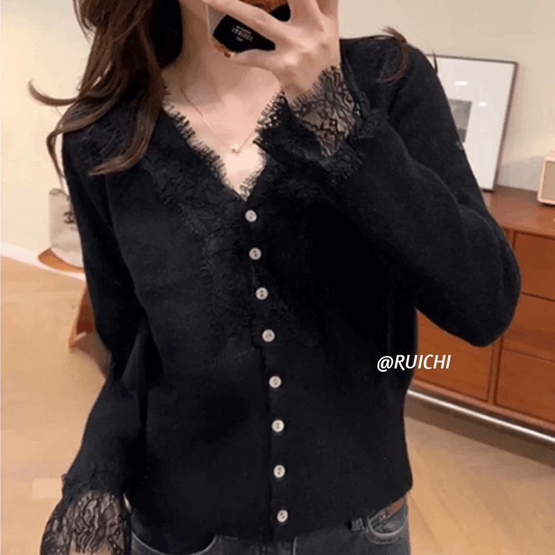 Lazy Wind 1116 New V-Neck Splicing Lace Versatile Sweater Jacket Knitted Cardigan Top Female Foreign Style