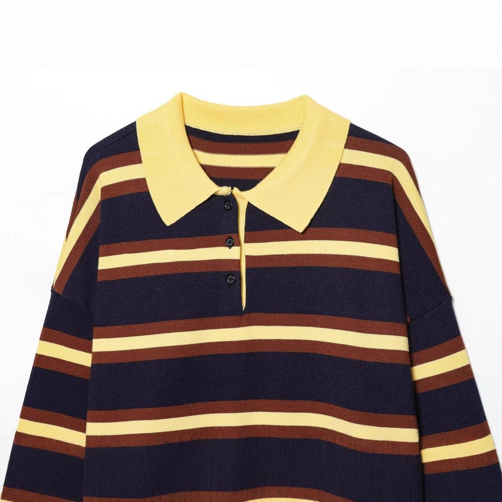 European and American style, new women's clothing, fashionable, versatile, cross-border striped POLO neck loose knitted sweater