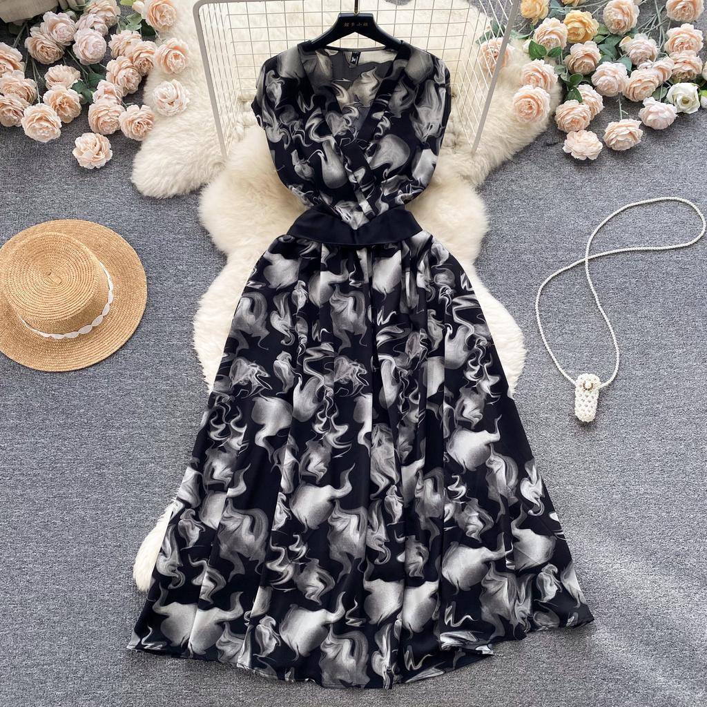 Summer Vintage Women Print Long Dress Elegant V-Neck Sleeveless High Waist A-Line Maxi Vestidos Female New Fashion Robe