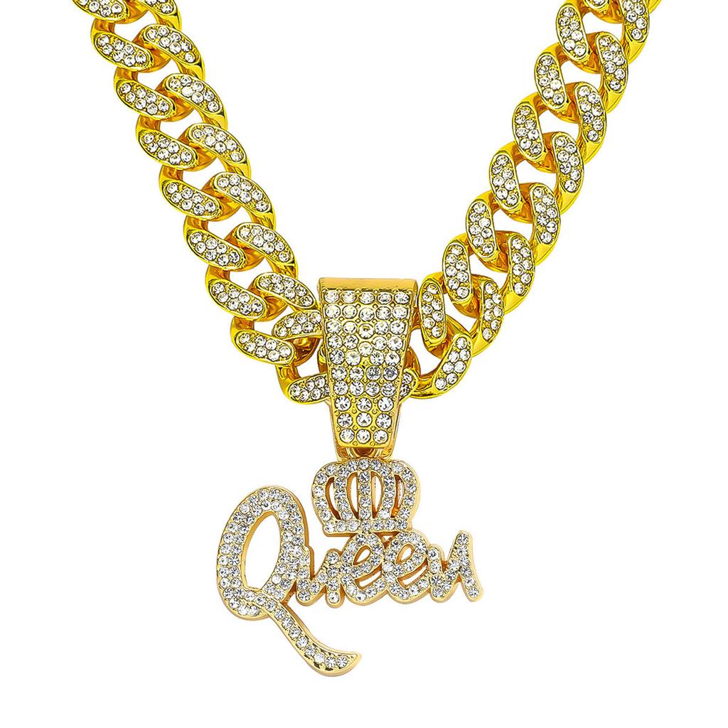 Crown QUEEN Letter Full Diamond Cuban Chain Pendant, Hip Hop Temperament Personality Necklace Jewelry