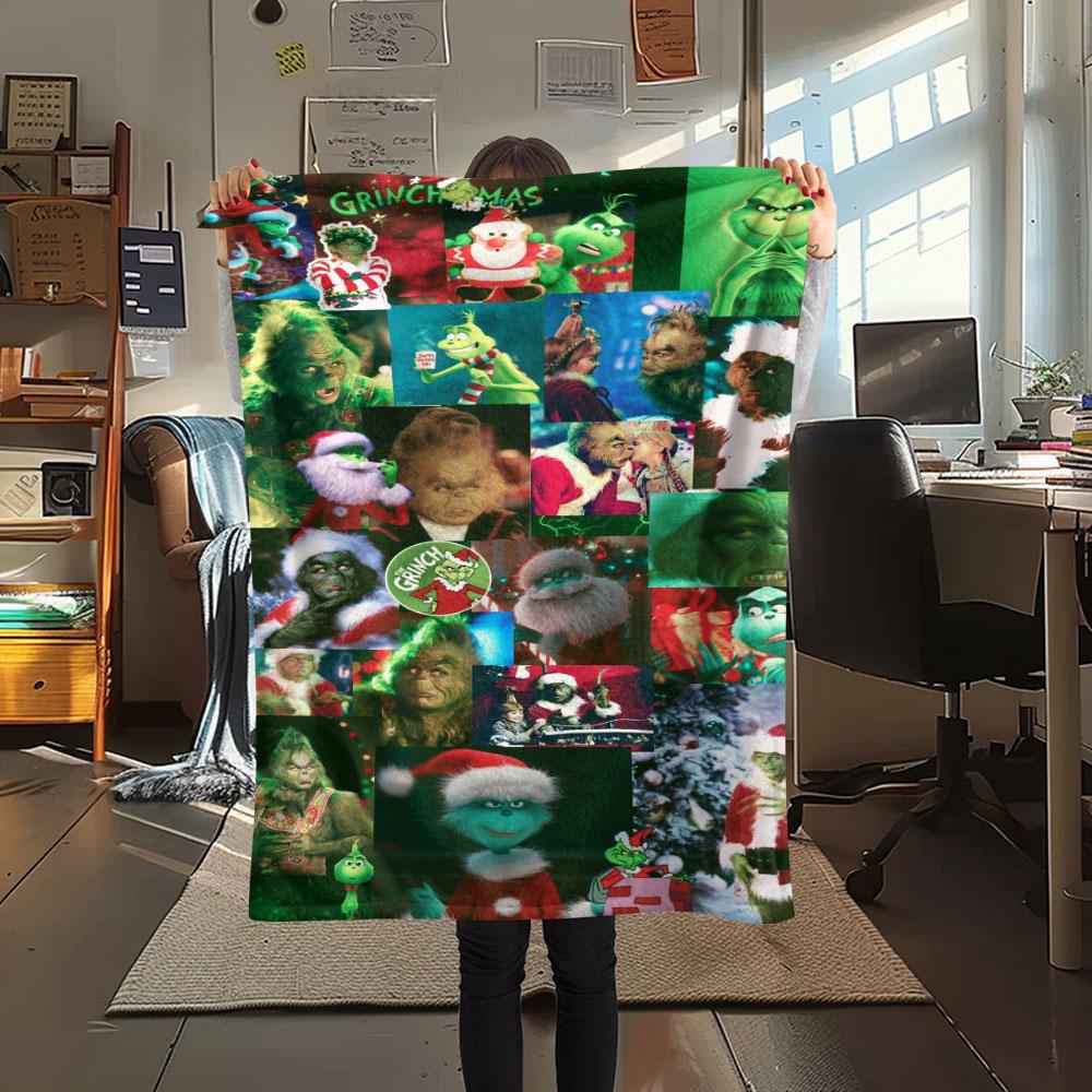 Christmas Grinch Cartoon printing Flannel Blanket Bedroom Sofa Camping Warm blanket Gifts for family and friends-MJ016