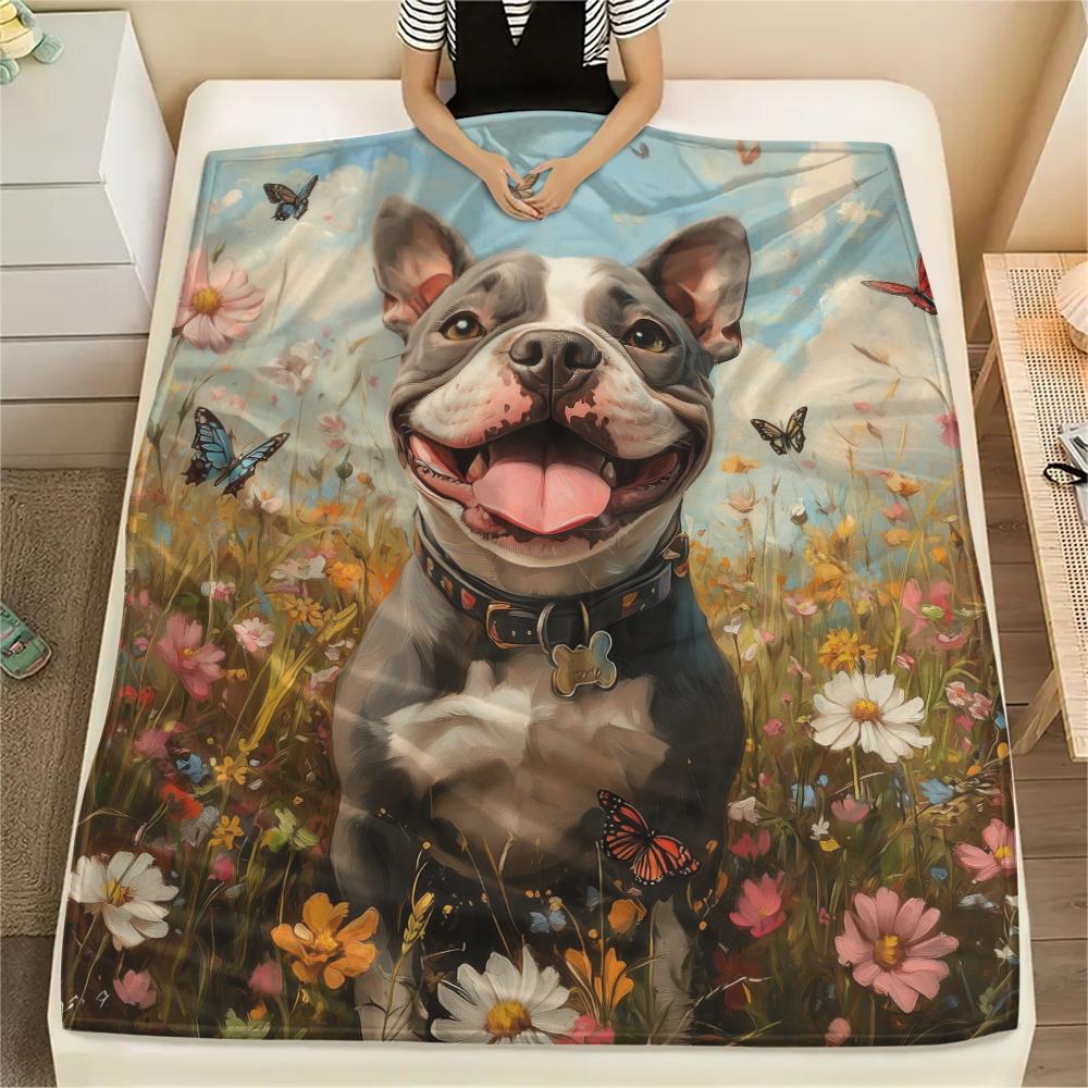 Pitbull and grass,pattern Flannel Blanket, High quality Comfortable for All Seasons, Home Decor, Warmth and Comfort, Perfect for Gifts.