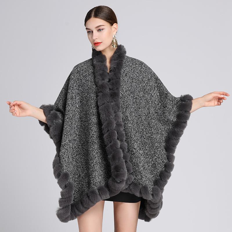 Зимняя женская накидка-шаль плюс бархатная утолщенная шаль с меховым воротником, свободная накидка большого размера, вязаный кардиган, куртка