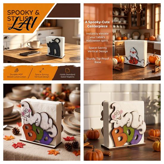 Halloween Themed Table Decor Wood Napkin Holder Vintage Rustic Dispenser Organizer Spooky Ghost Farmhouse Storage Black Cat Boo Tissue Stand