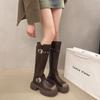 Vintage Chunky Women Knee High Boots Fashion Belt Buckle Shoes Thick Heel Autumn Winter Ladies Knight Long Booties