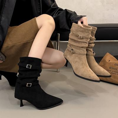 Новая женская мода Плиссированные женские ботфорты на высоком каблуке Женские ботинки-рыцари с острым носом Высококачественные ботфорты до колена Mujer