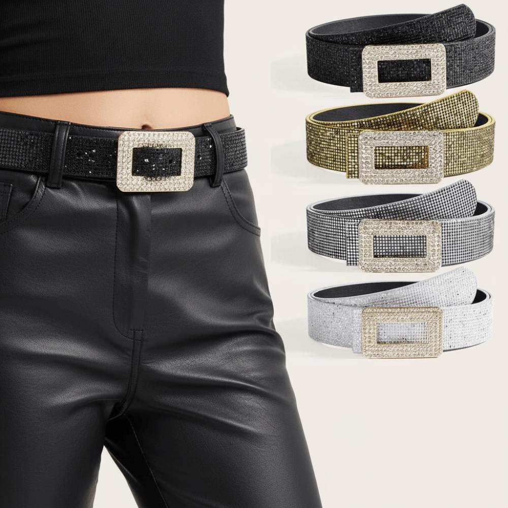 Punk Sequin Belt Rhinestone Square Buckle Y2K Girl Waistband PU Leather Wide Waistband  Outdoor