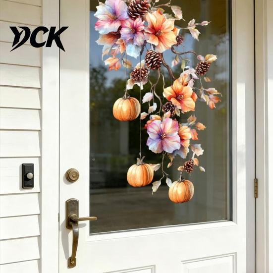 Autumn Theme Party Supplies Fall Thanksgiving Static Window Clings, Pumpkin Maple Leaf Floral Glass Decals Decals, Removable Harvest Season