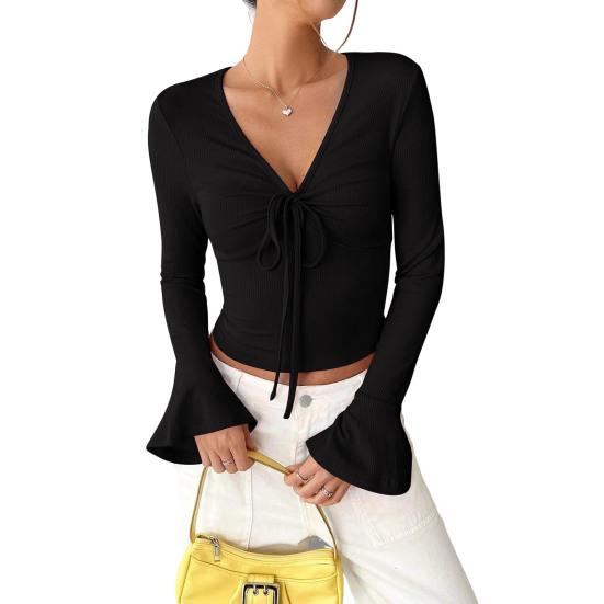 Женские топы с V-образным вырезом, расклешенные, с длинным рукавом, на шнуровке, пуловеры, облегающие, однотонные, повседневные топы, универсальная повседневная одежда