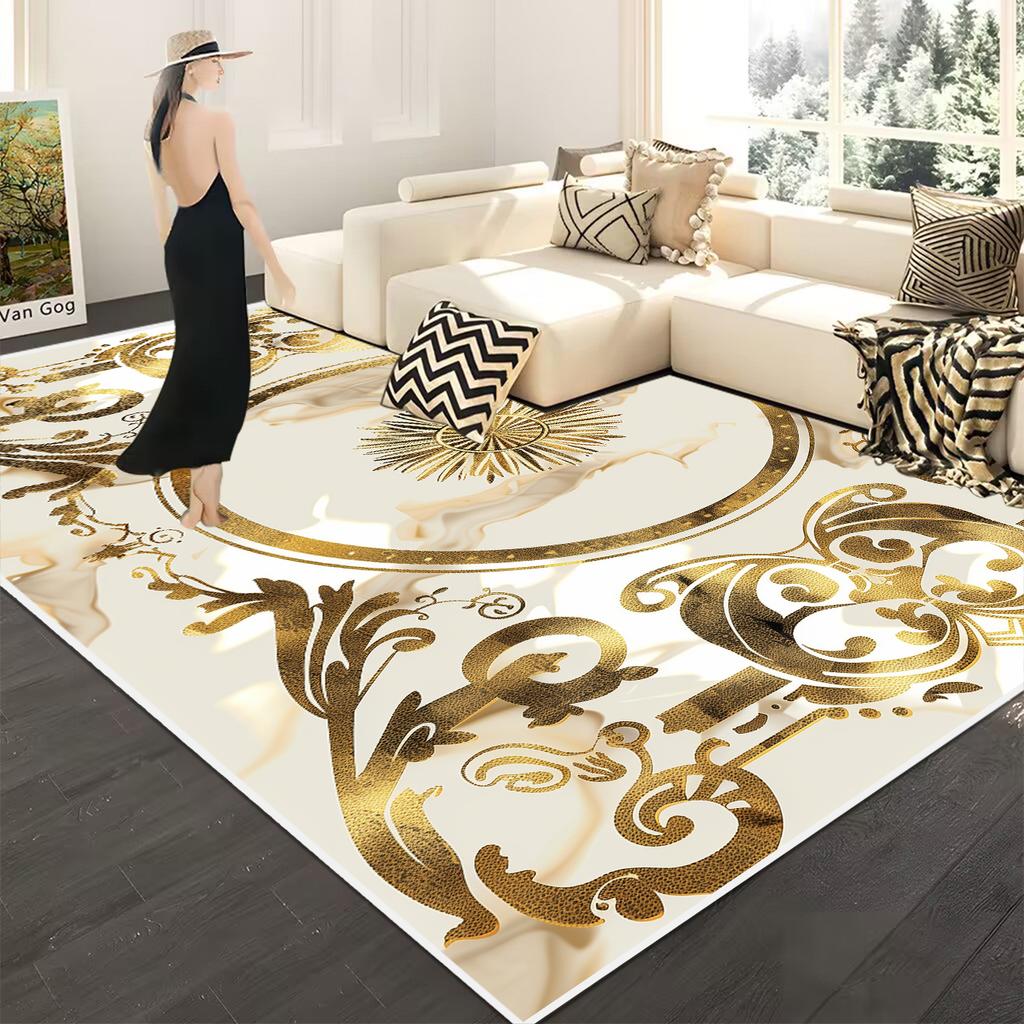 Европейская роскошь Большой ковер для гостиной Роскошное украшение в твердом переплете Золотой ковер для гостиной Зона дивана Моющийся коврик для журнальных столиков