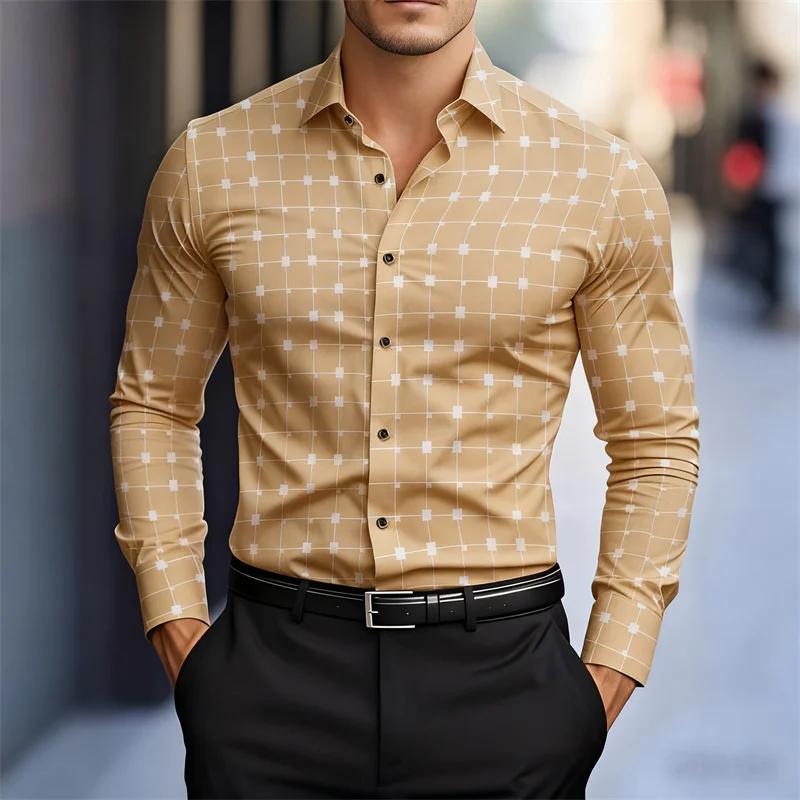 Trendy grid pattern long-sleeve shirt, versatile for casual and formal occasions.