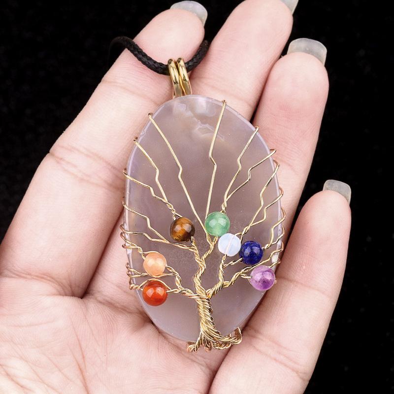 Natural Agate Stone Life of Tree Pendant Necklace Rough Wire Winding Pendant Sweater Chain Jewelry Women's for Necklace 7 Chakra
