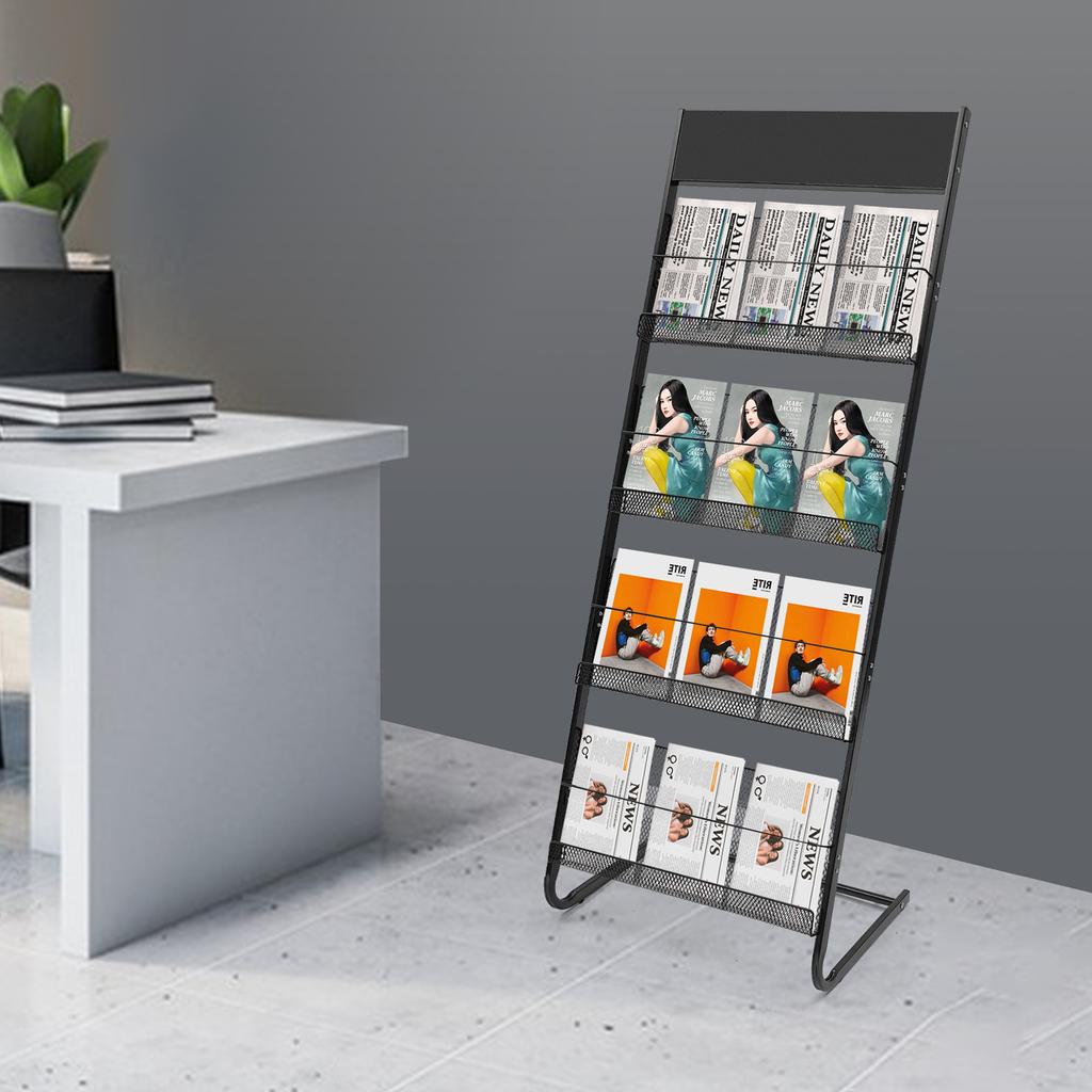 4-Tier Floor Standing Magazine Rack, Modern Iron Periodical Holder for Living Room Organization, Black Storage Display Stand