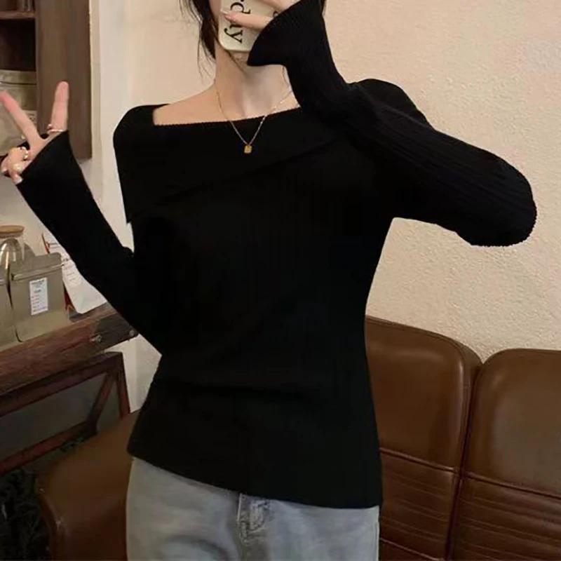 Women Slim Off Shoulder Knit Sweater Slash Neck Long Sleeve Knitwear Jumpers Office Sweater For Women Autumn Winter
