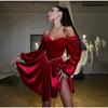 Sexy Velvet Strapless Short Party Dress Women Off Shoulder Long Sleeve Autumn Lady Christmas Evening Bandage Dresses