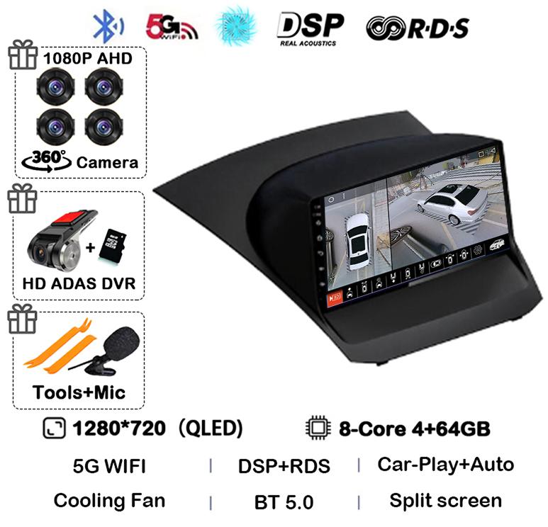 Android 14 Carplay Auto 4G+WIFI для Ford Fiesta 2009-2017 Автомобильное радио Мультимедиа Стерео Видеоплеер Навигация GPS 360 Caemra DSP