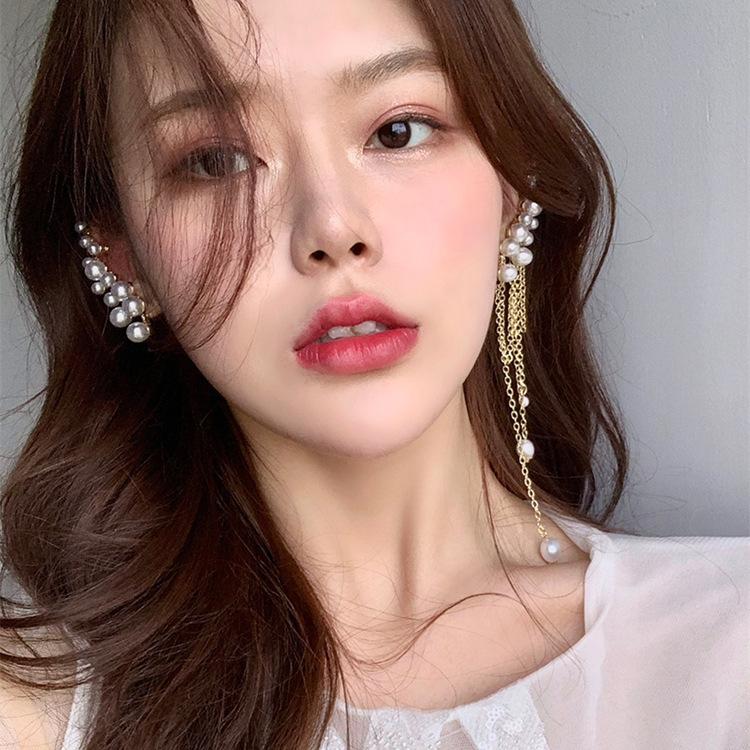 Pearl tassel asymmetrical earbone clip integrated earrings personality temperament fashion earrings sterling silver