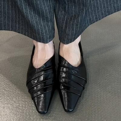 Версия из овчины~ Новая модель, туфли-лодочки с маленьким квадратным носком из мятой кожи, для ношения на работу, на плоской подошве, маленькие кожаные туфли