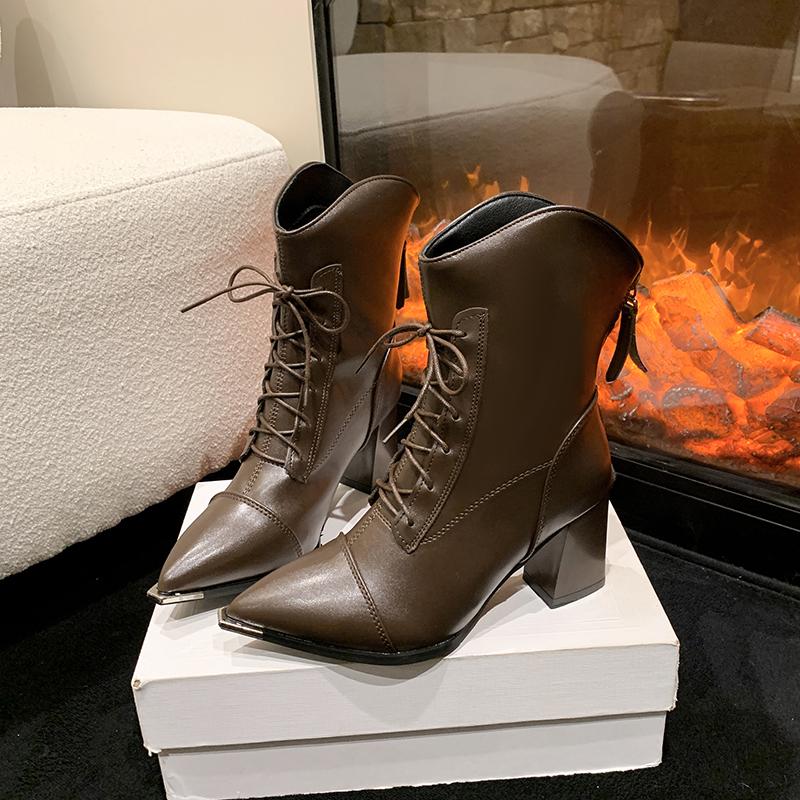 Осень Зима Женские Ботинки Мода Квадратный Высокий Каблук Обувь Элегантная Шнуровка Белые Ботильоны Черные Вечерние Офисные Туфли Женские 34-43