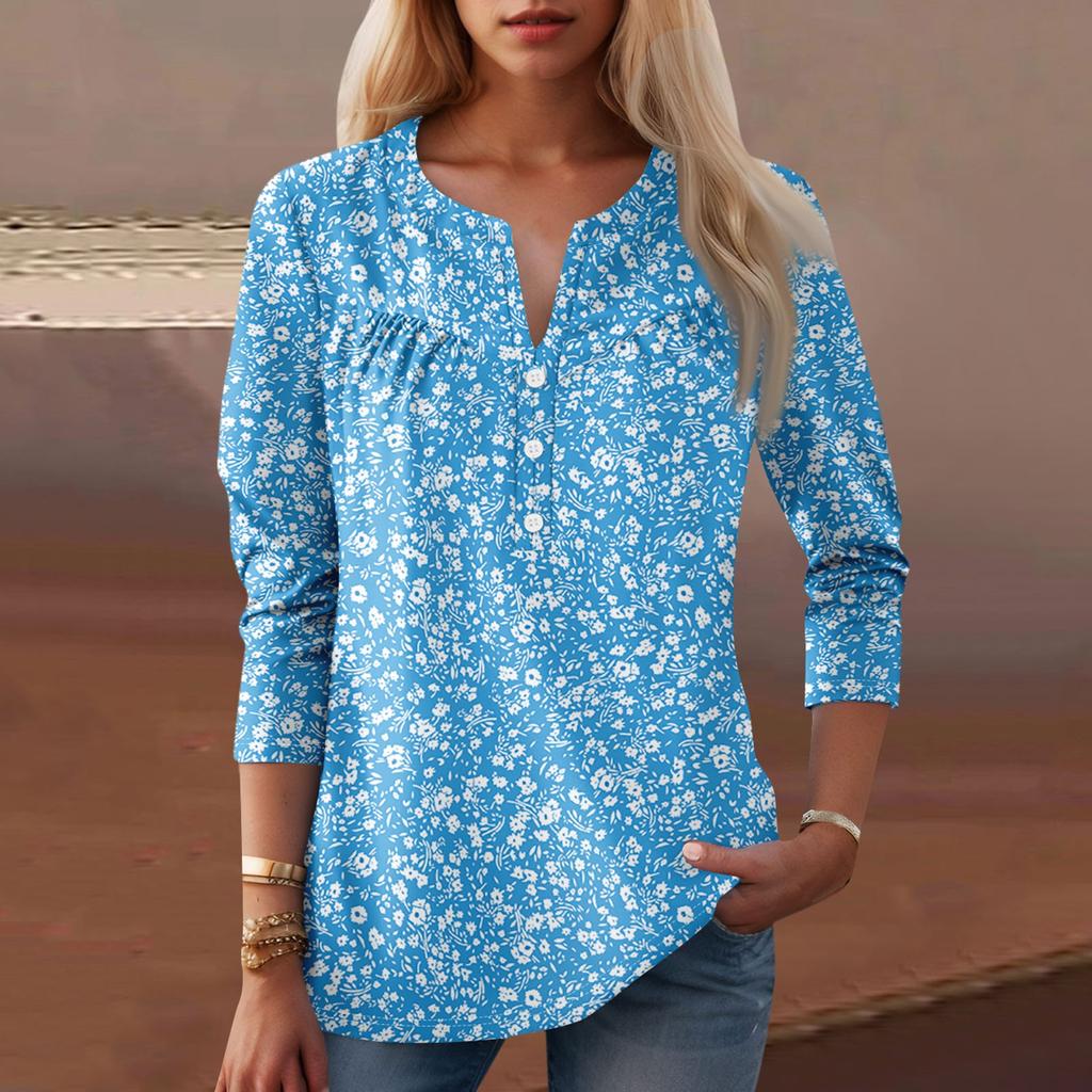 Женская мода повседневный топ с длинным рукавом и круглым вырезом с цветочным принтом