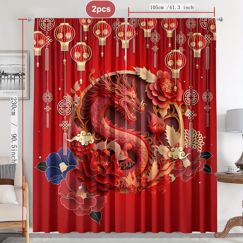Vibrant Chinese Dragon Curtains Set of 2 – Rainbow Scales, Fire & Water Motifs, Rod Pocket Blackout Drapes for Festive Decor