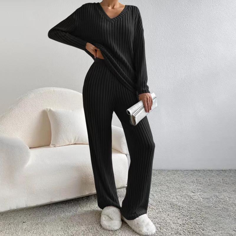 Autumn and Winter Two-piece Fashion Casual Straight Trousers Temperament Loose V-neck Pit-stripe Knitting Suit