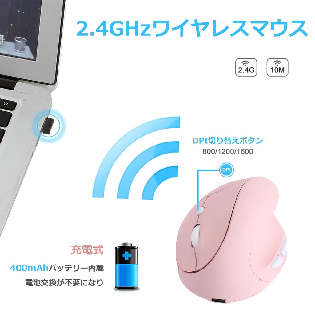 Cute 2.4GHz Wireless Vertical Mouse for Right-Handed Users, Medium Size, 80012001600 DPI, 6 Buttons, Optical Type-C Rechargeable, 400mAh Built-in