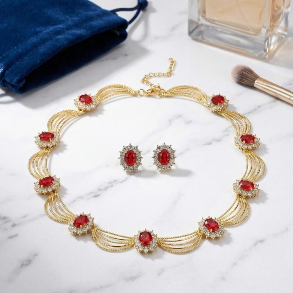 Geometric Necklace Earrings Set Gold-Tone Statement Jewelry Set Gemstone Necklace Set Formal Event