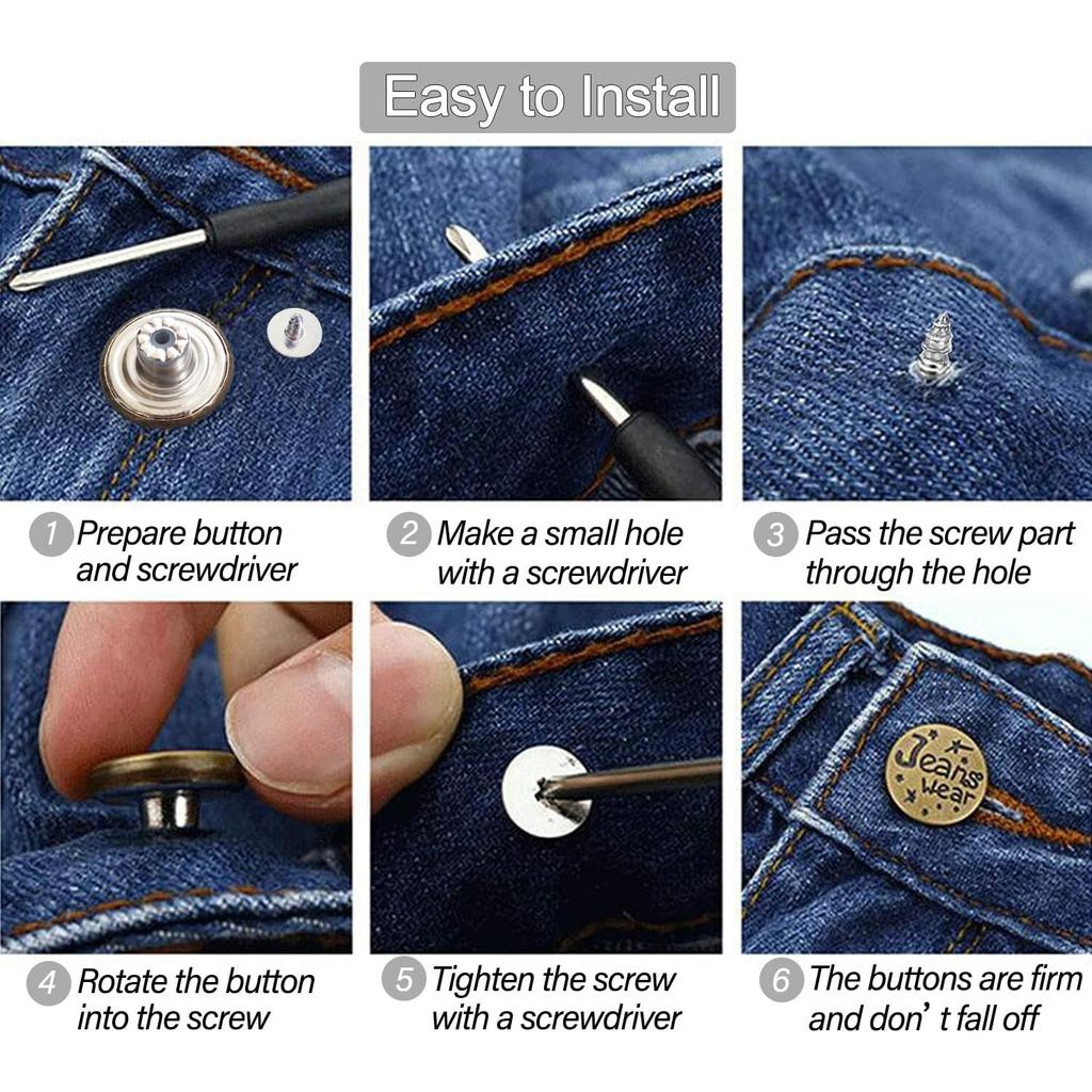 32 Sets Jeans Buttons Replacement, 17 mm and 20 mm No-Sew Removable Metal Buttons Replacement Repair Combo Thread Rivets