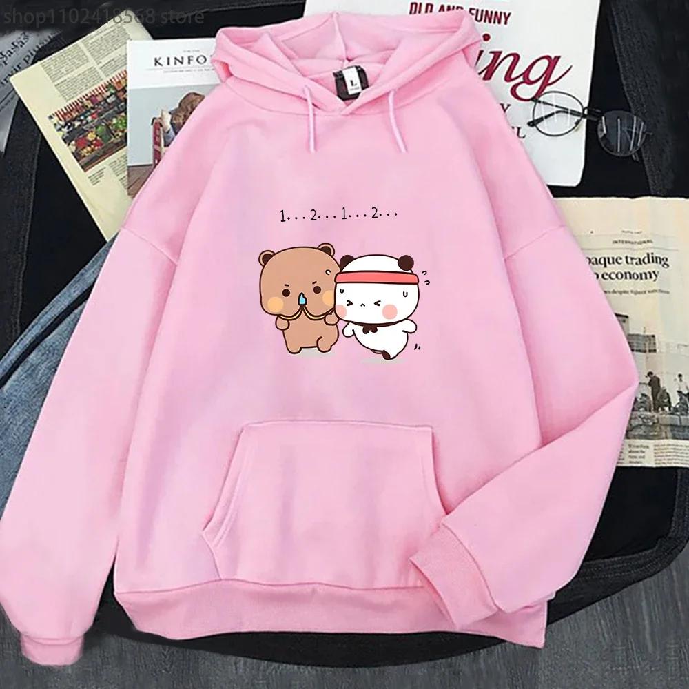 Женская толстовка Kawaii с пандой, милая парная толстовка Bubu и Dudu занимаются спортом, топы для девочек, длинный рукав, карманная одежда