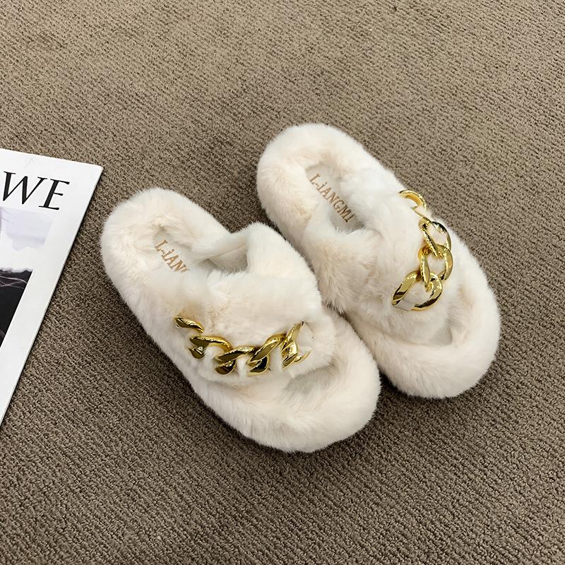 Popular Mao Mao Slippers Women's Outer Wear Chain Thick Bottom Increases Height Spring and Summer Fashion Going Out Plush Cross Autumn and Winter