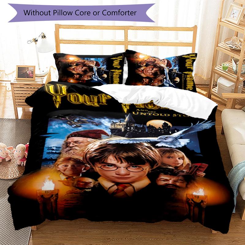 3pcs Hogwarts Cover Set - Personalized Name, HD Printed Bedding with 1 Cover and 2 Pillowcases - Perfect for Home Decor, Easy Care