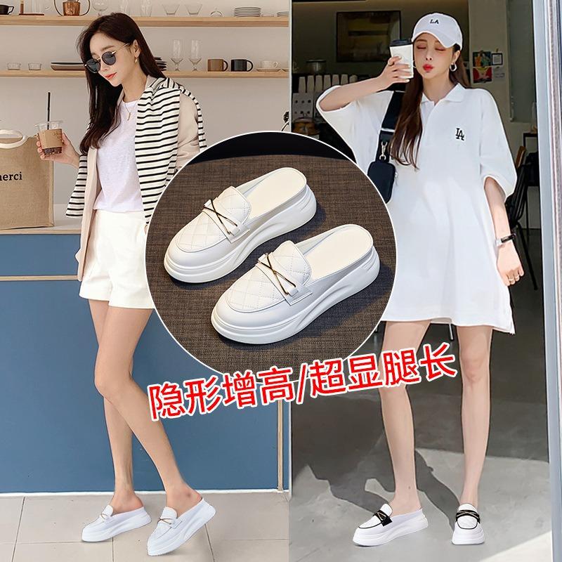 Летние новые кожаные полушлепанцы на толстой подошве с увеличением высоты, женские ленивые сандалии на одном педале, женские повседневные