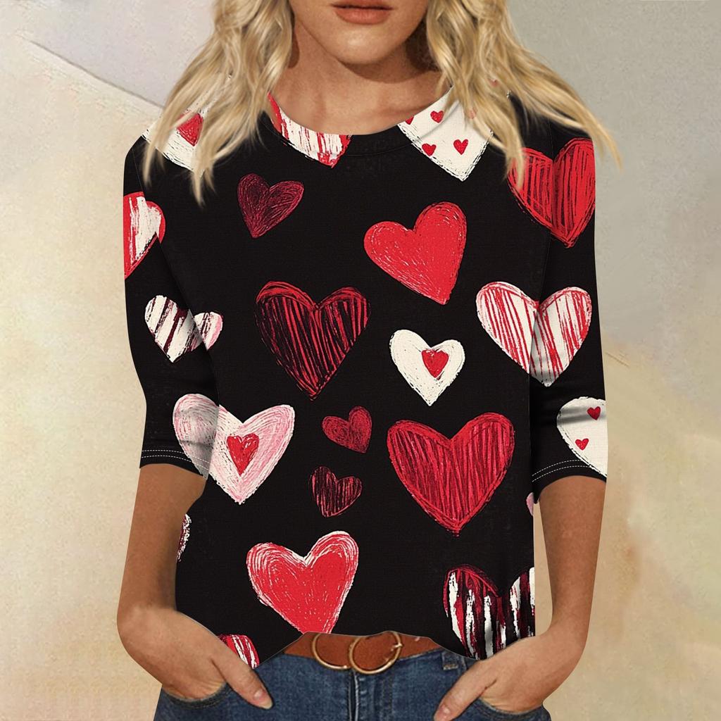 Футболка женская с рукавом 3/4, повседневная футболка с принтом ко Дню святого Валентина, джемпер с круглым вырезом