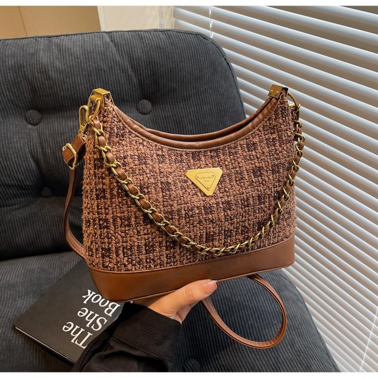 Ielgy Woolen Bag Women's Messenger Bucket Bag Fashion Plaid Shoulder Chain Commuter Bag