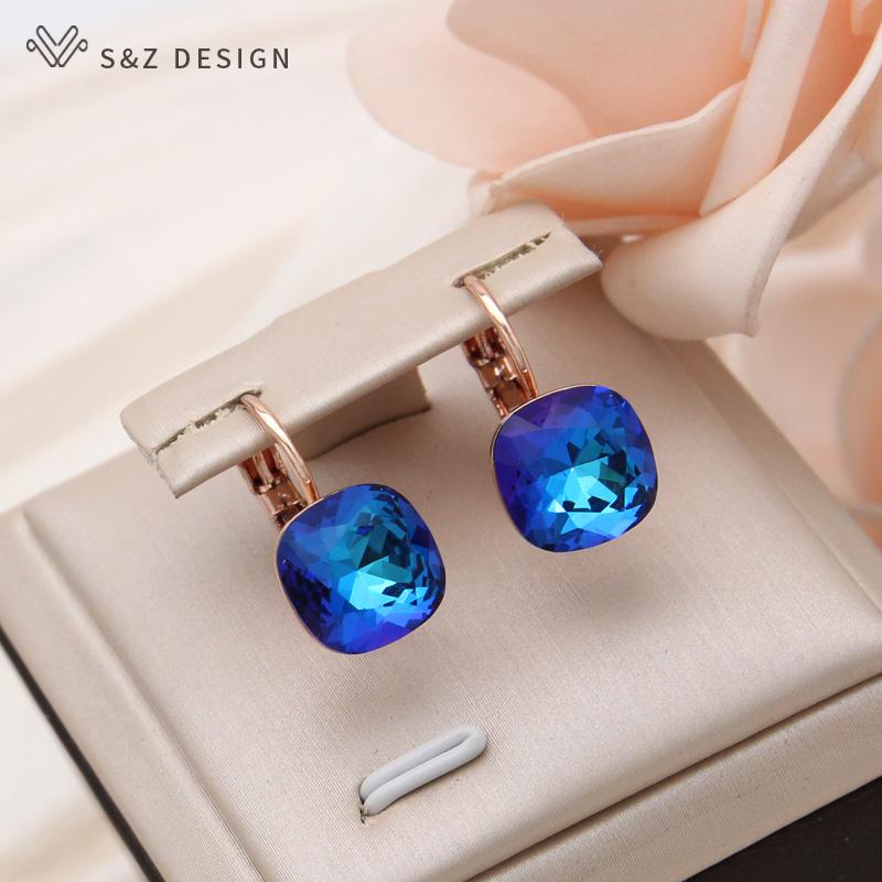 Fashion Square Colorful Crystal Drop Earrings For Women Wedding Rose Gold Color Jewelry Eardrop
