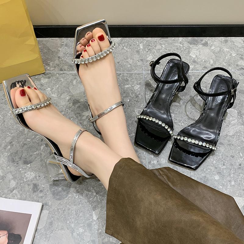 Luxury Crystal Sandals Women Rhinestone Ankle Strap Mid Heeled Sandalias Ladies Summer Evening Party Shoes In Black Silver Color