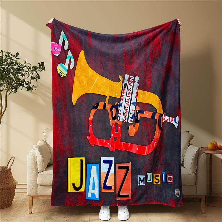 1pc Jazz Music Theme Throw Blanket with Trumpet & Jazz Lettering - Soft Polyester All-Season Bedspread, 250-300Gsm Heavyweight, Red/Black/White/Blue/Y