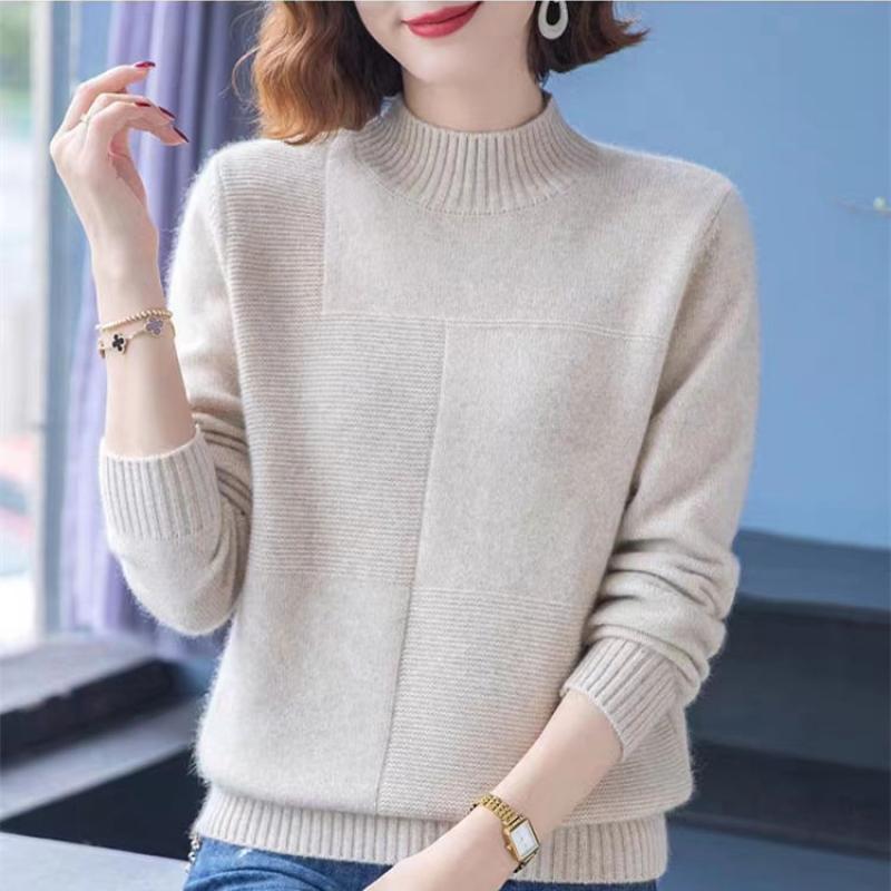 Большие размеры Модный женский осенне-зимний свитер с высоким воротом и длинным рукавом, однотонный свободный трикотажный свитер